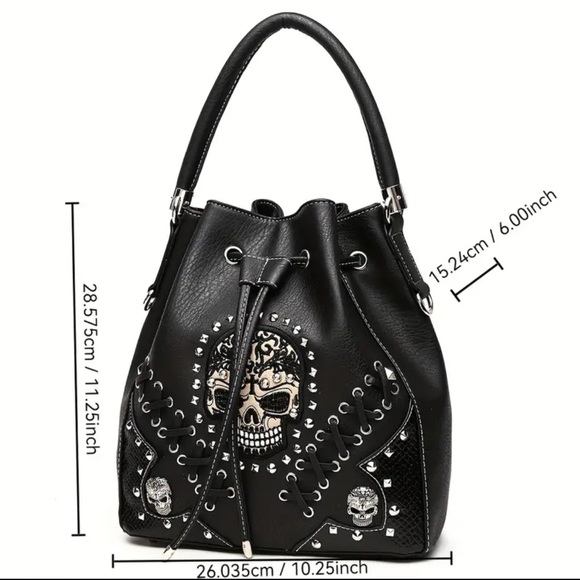 🆕 Punk Gothic Rock Metallic Skull Rivet Studded 
Sugar Skull Bucket Bag 💀 - Picture 2 of 7